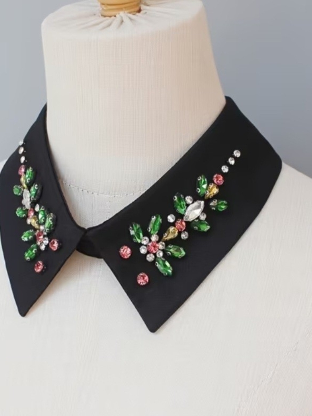 Embellished Black Collar Necklace with Green and Pink Crystals